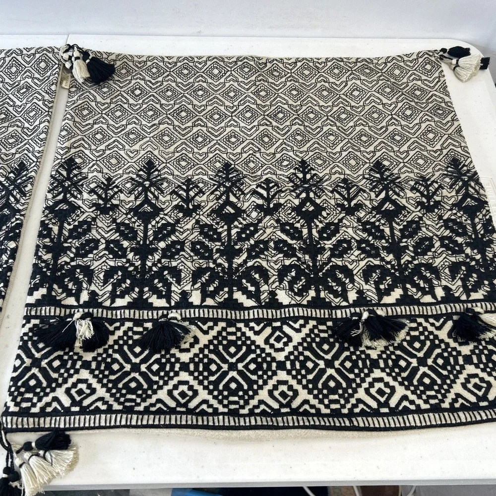 Arhaus Pillow Covers Set of 2 Black/tan with Tassels Geometric Tree Design Artsy